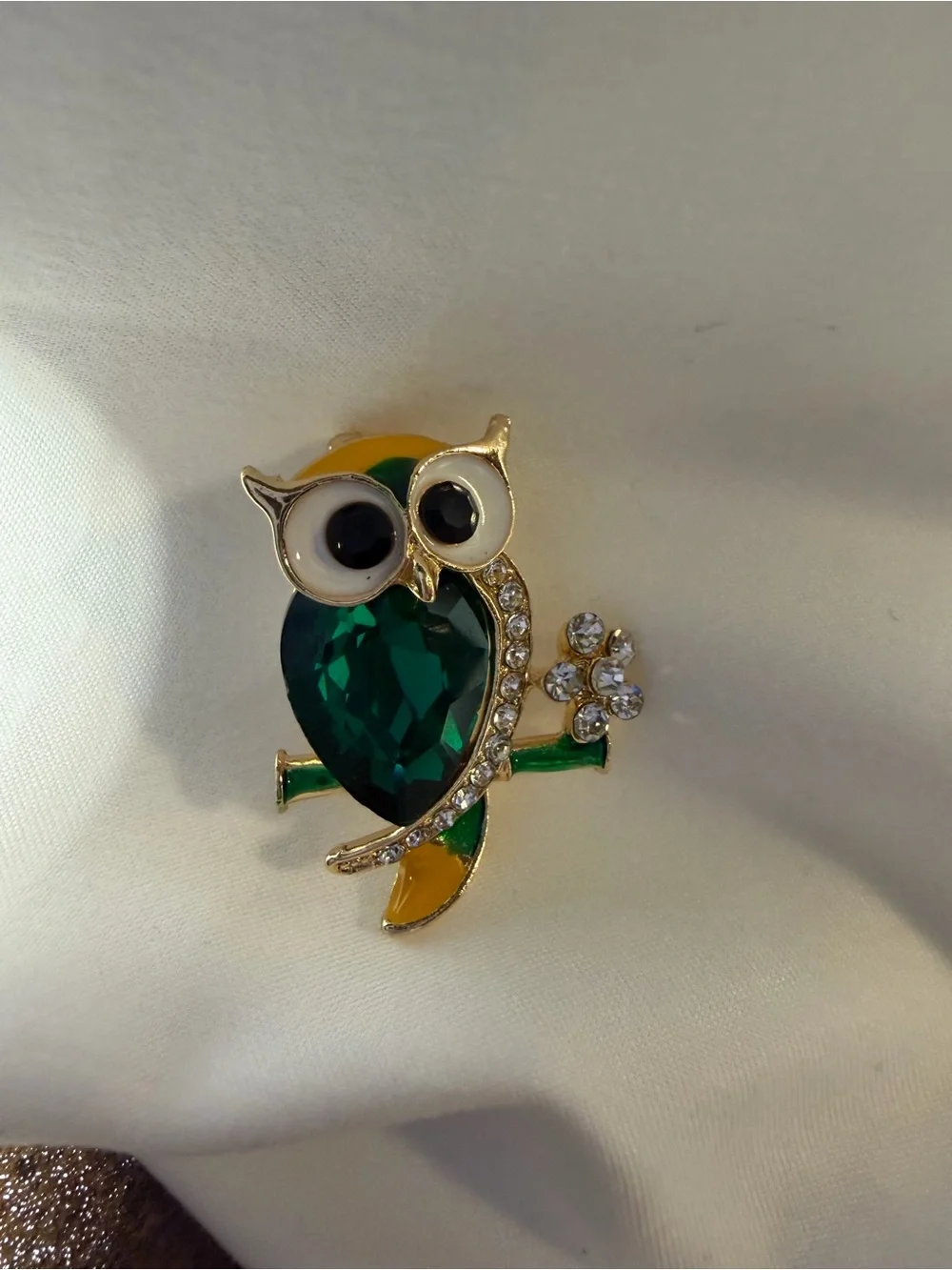 Gold-Tone Green Crystal Owl Brooch - NEW